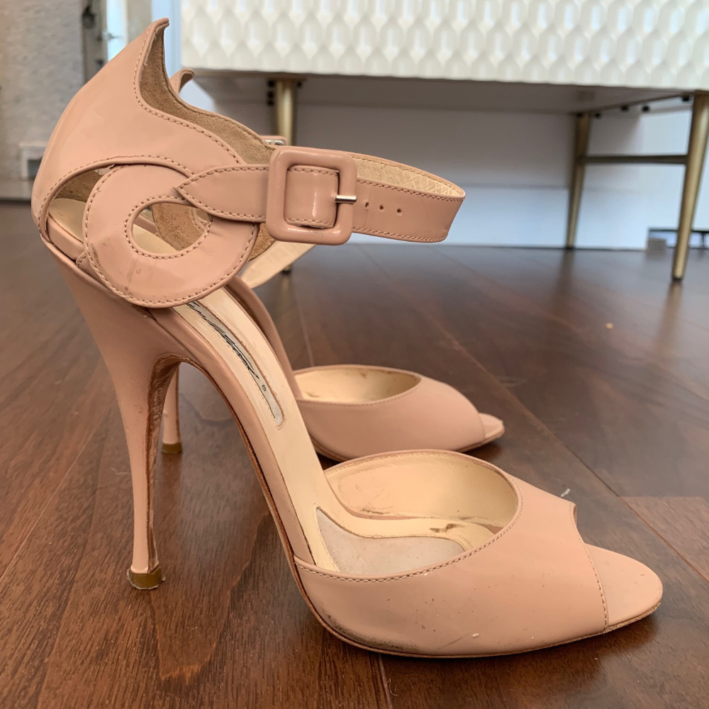 Brian Atwood Nude Patent Heeled Sandals